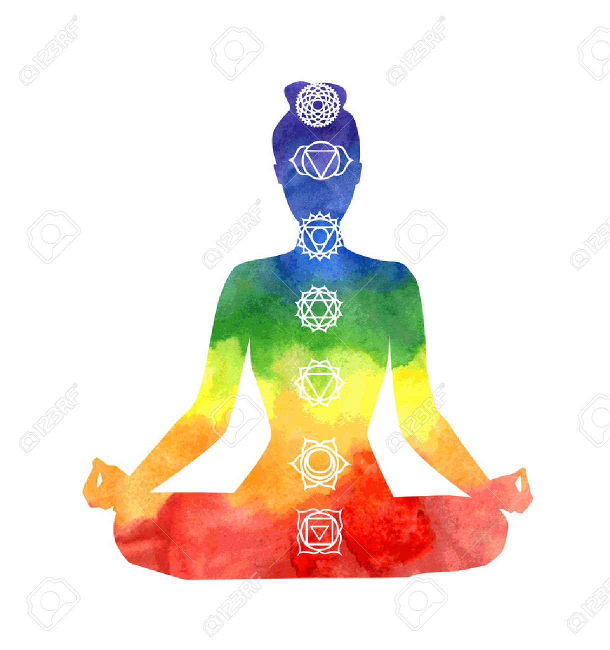 51445030-Vector-silhouette-of-yoga-woman-with-chakra-symbols-Bright-watercolor-texture-and-white-background-P-Stock-Vector